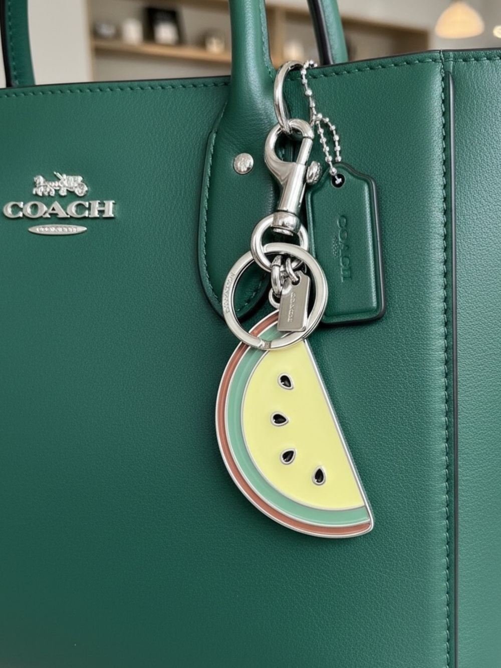 Coach Watermelon Bag Charm Keychain Glitter Enamel Silver Tone NWOT